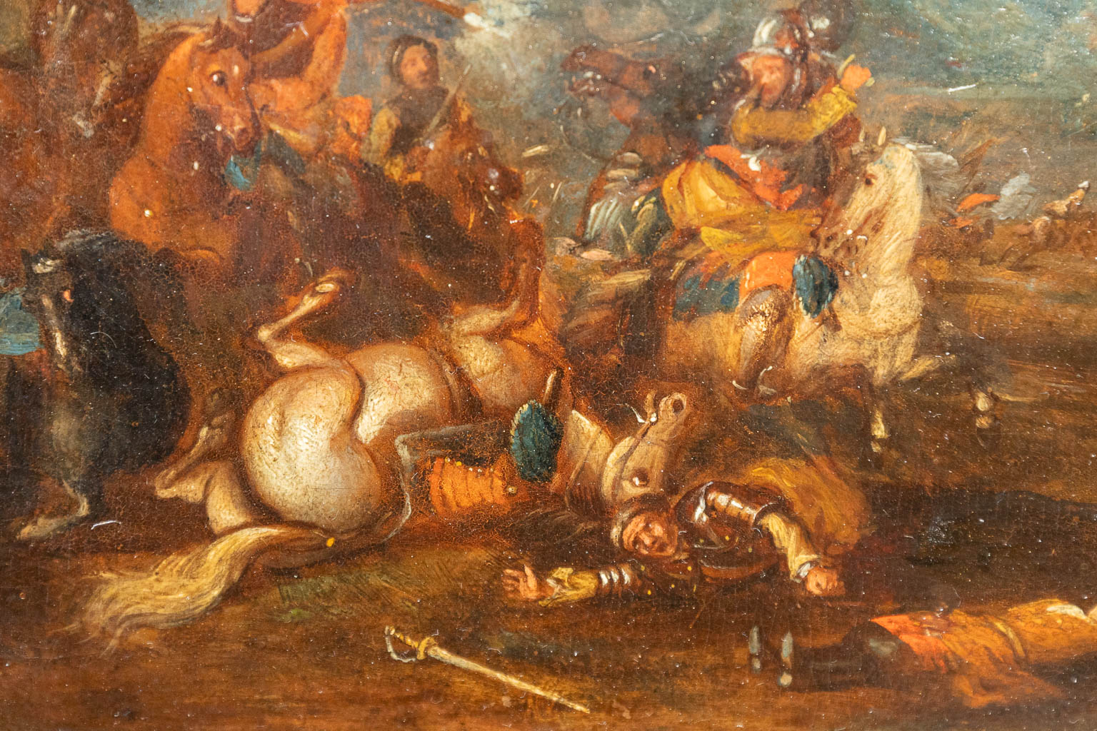 Jacques COURTOIS (1621-1676) Een pendant schilderij van een vechtscène met paarden (24 x 21 cm)