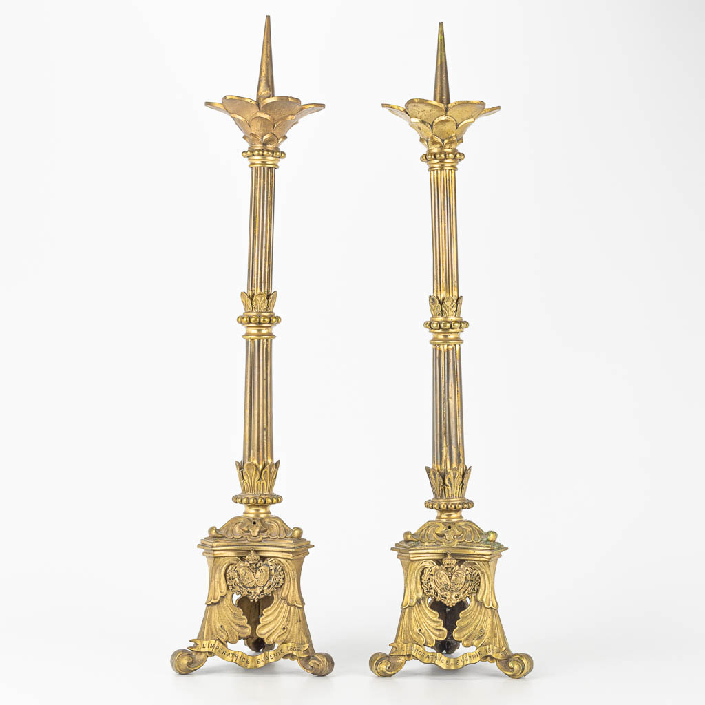 A pair of candlesticks in neogothic style and marked 'L'imperatrice Deugenie 1862'