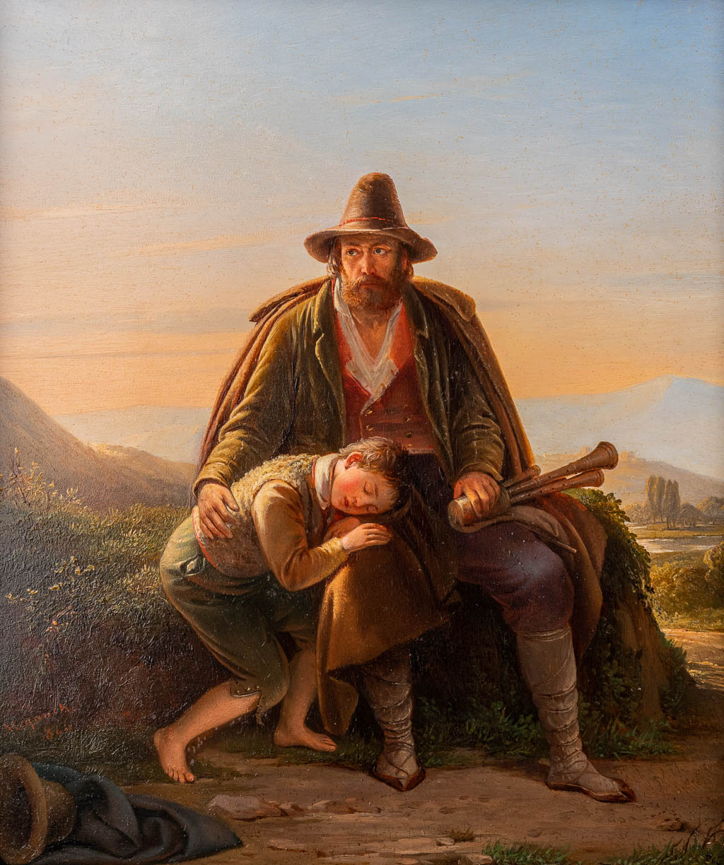 Joseph MEGANCK (1807-1891) 'Vader en zoon in een berglandschap' olie op paneel. 1844. (W:22,5 x H:26,5 cm)