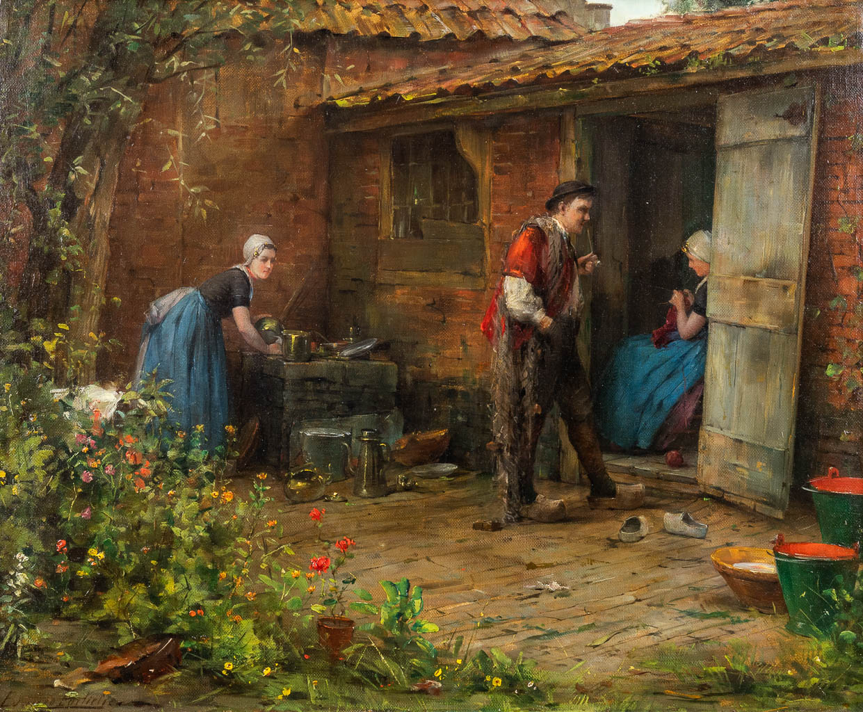 Edward PORTIELJE (1861-1949) 'Boeren op de boerderij' olie op doek. (W:47 x H:39 cm)