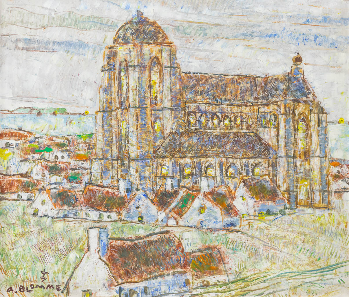 Alfons BLOMME (1889-1979) 'De kerk' een schilderij olie op paneel. (69 x 59 cm)