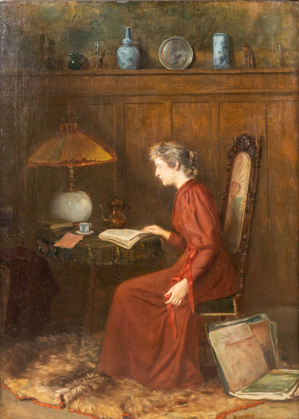 Armand LAUREYS (1867-1925) 'La Liseuse' een schilderij, olie op doek.  (W:80 x H:110 cm)