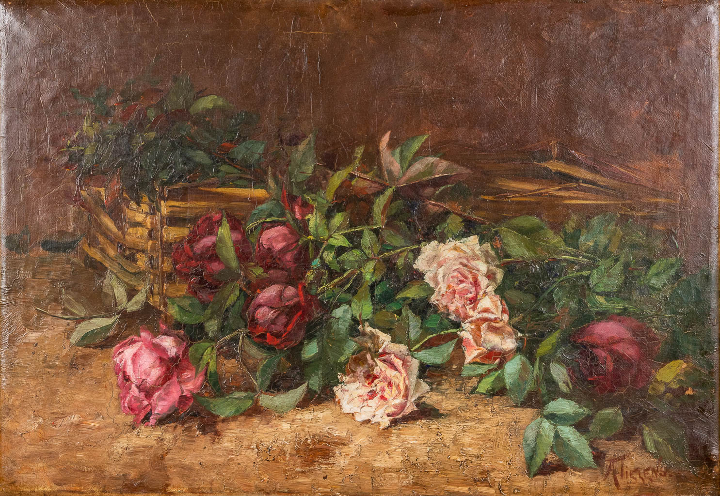 Alexandre TIELENS (1868-1959) 'Bloemenboeket', olie op doek.  (W:65 x H:45 cm)