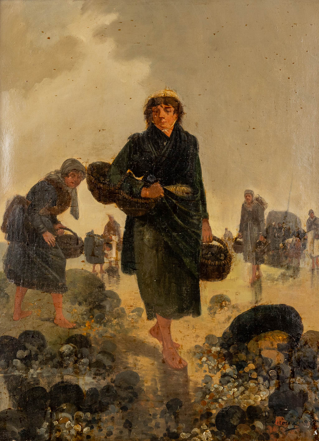 Pierre LEROUX (XIX) 'Les Ramasseuses De Coquillages' olie op doek. 1888 (W:49 x H:65 cm)