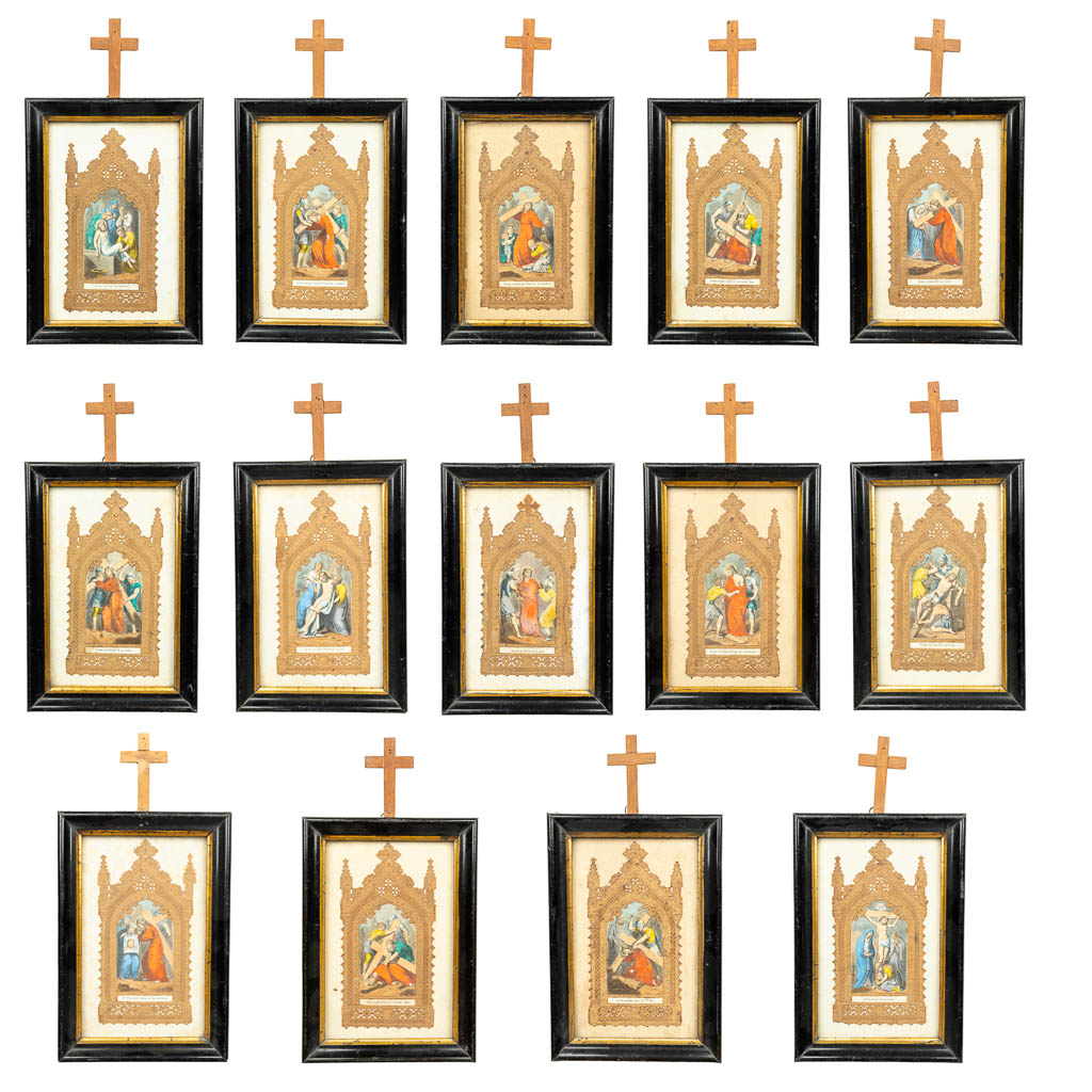 A complete 14 piece 'Stations of the cross' made of Canivet paper. (H:28cm)