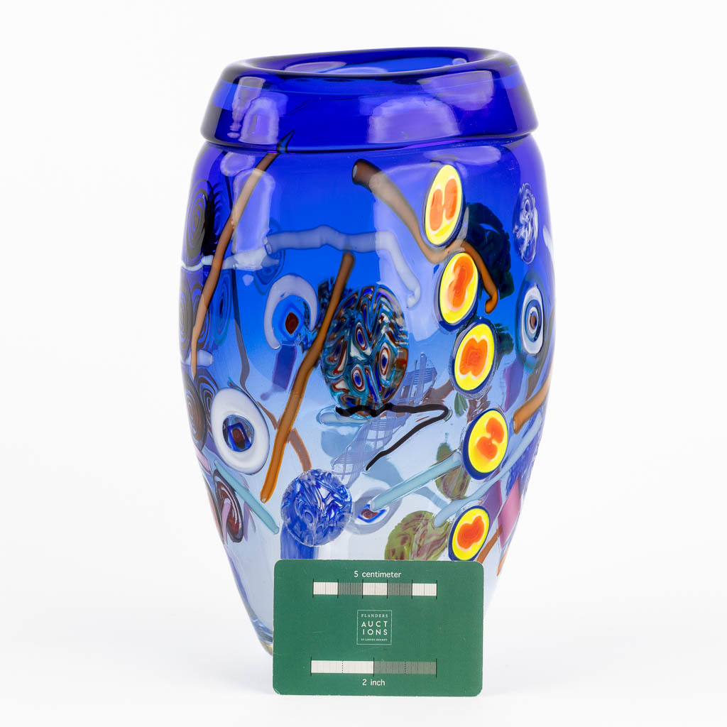 A mid-century vase with colorfull decor, Murano, Italy. 20th C. (L:13 x W:16 x H:25 cm)