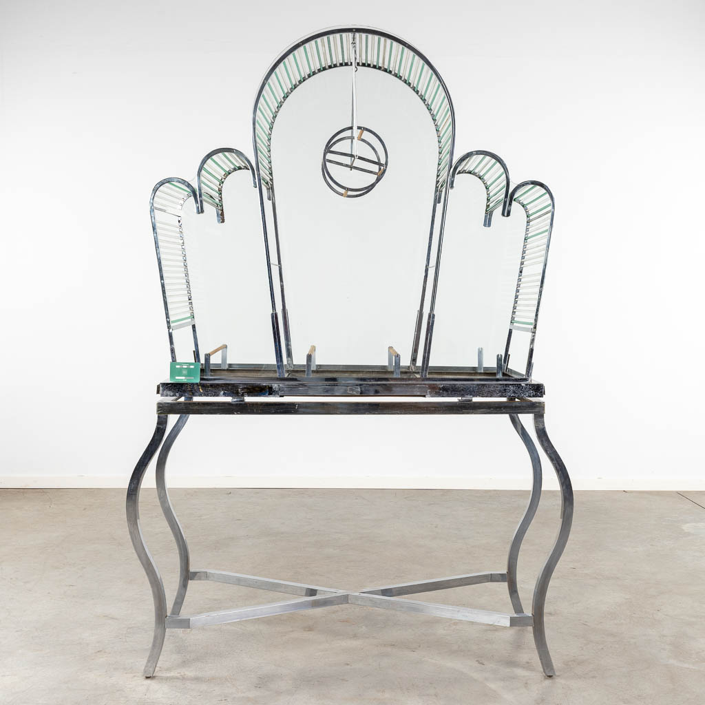A large birdcage, chrome and glass, circa 1950. (D:53 x W:128 x H:186 cm)