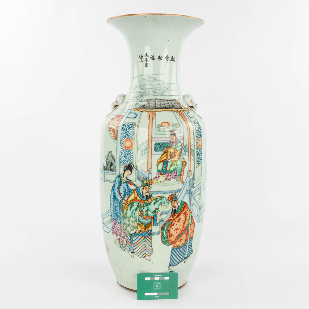 A Chinese vase made of porcelain and decorated with a temple scène and calligraphic texts. (H:57cm)