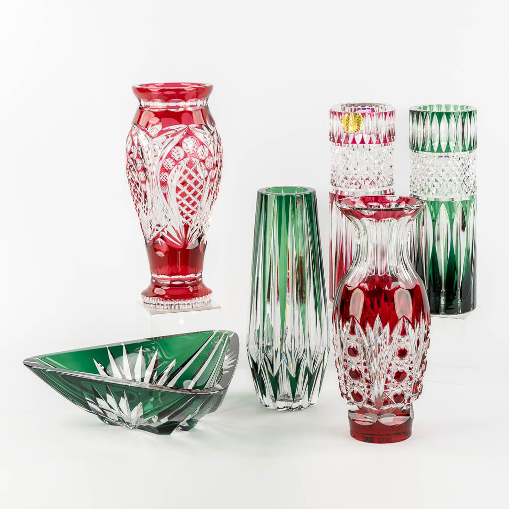 Val Saint Lambert, five vases and a bowl. Cut and coloured crystal. (H:30 x D:13 cm)