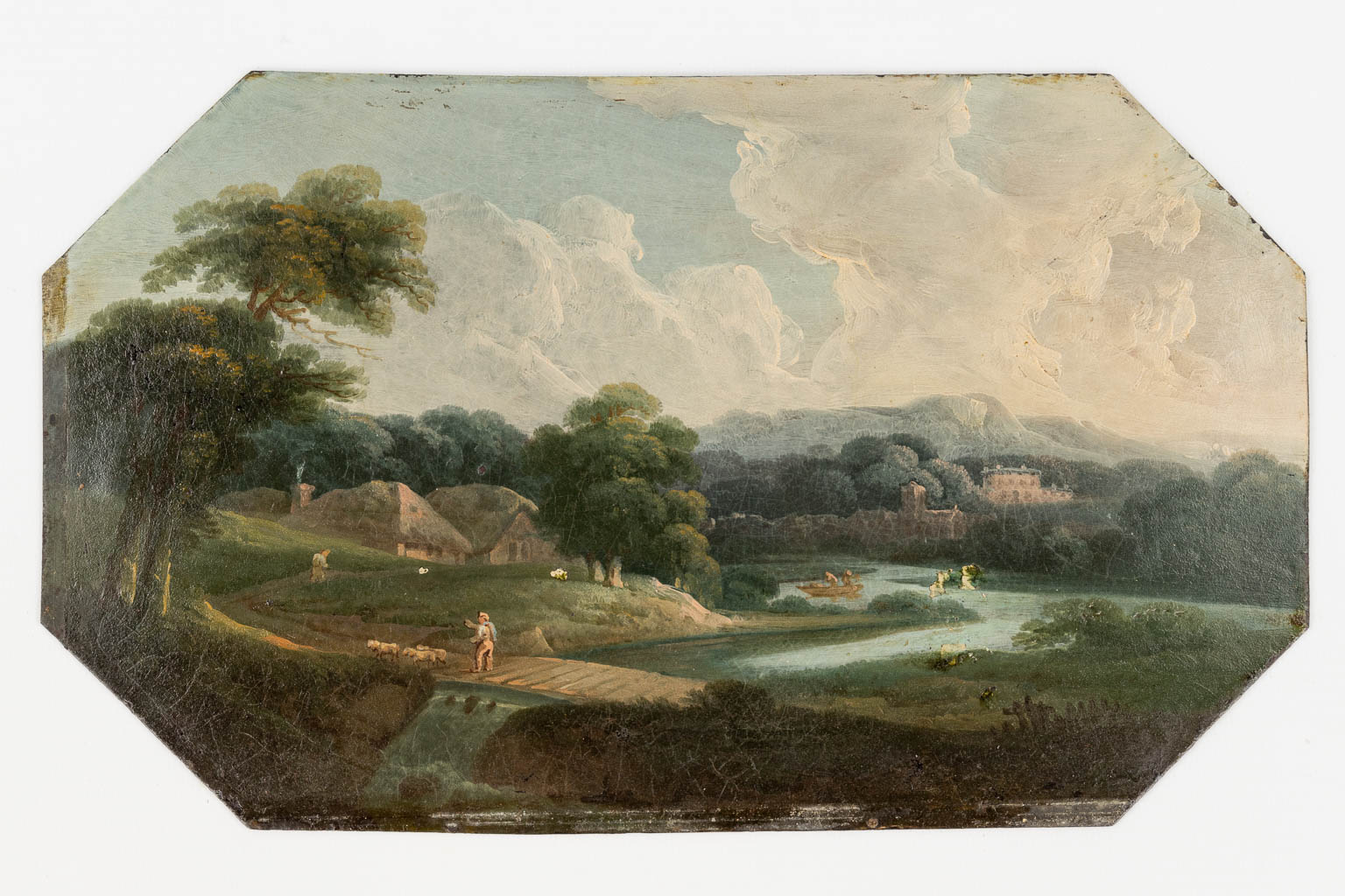 Een antiek landschap, olie op metaal, Italiaanse school, 18de eeuw. (W: 29 x H: 17,5 cm)
