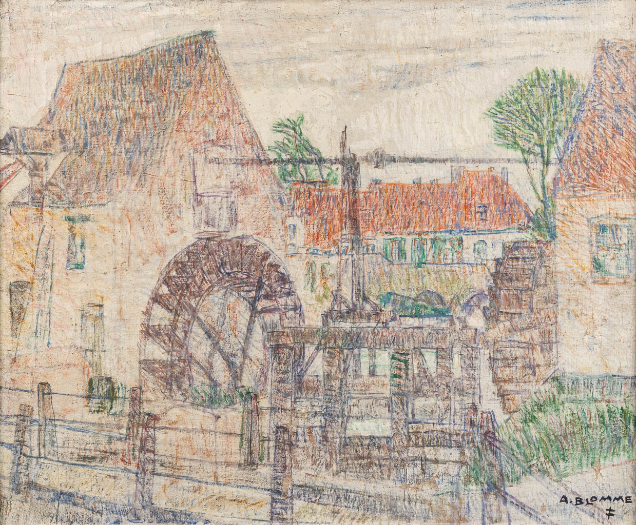 Alfons BLOMME (1889-1979) 'Watermolen van Heule' olie op doek. (W: 79,5 x H: 66 cm)