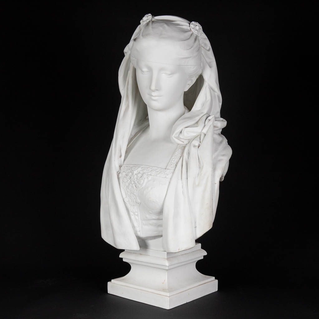 CARRIER-BELLEUSE (1824-1887) 'Bust of a lady' bisque porcelain. (D:23 x W:37 x H:66 cm)