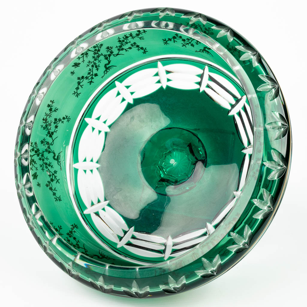 A bowl made of cut crystal and etched bonsai trees, marked 