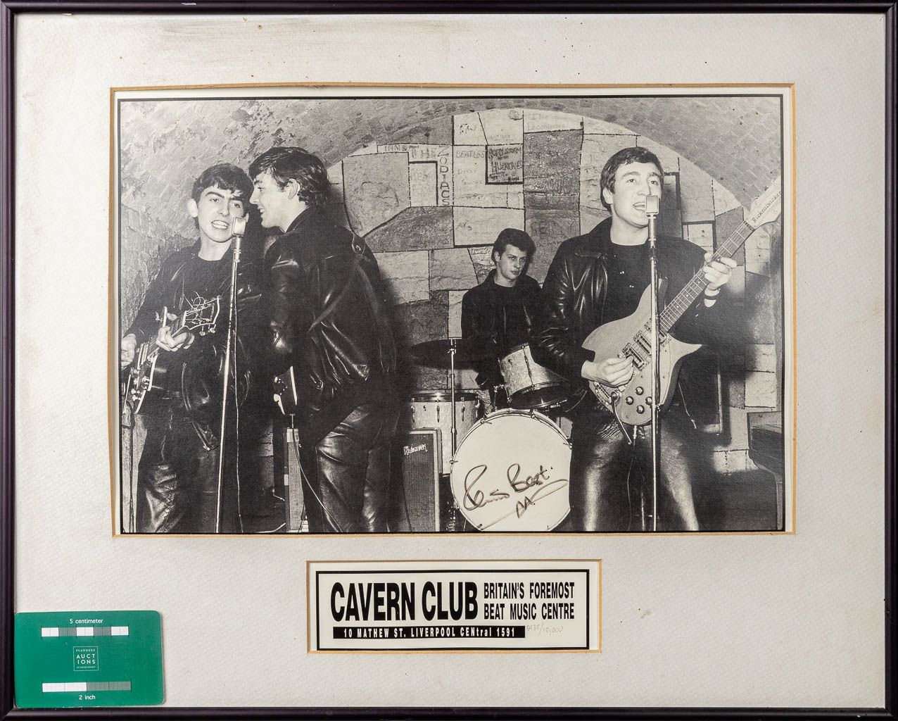 A signed photograph by Pete Best, the first drummer of The Beatles, and photographed by Richard Matthews. (H:25cm)