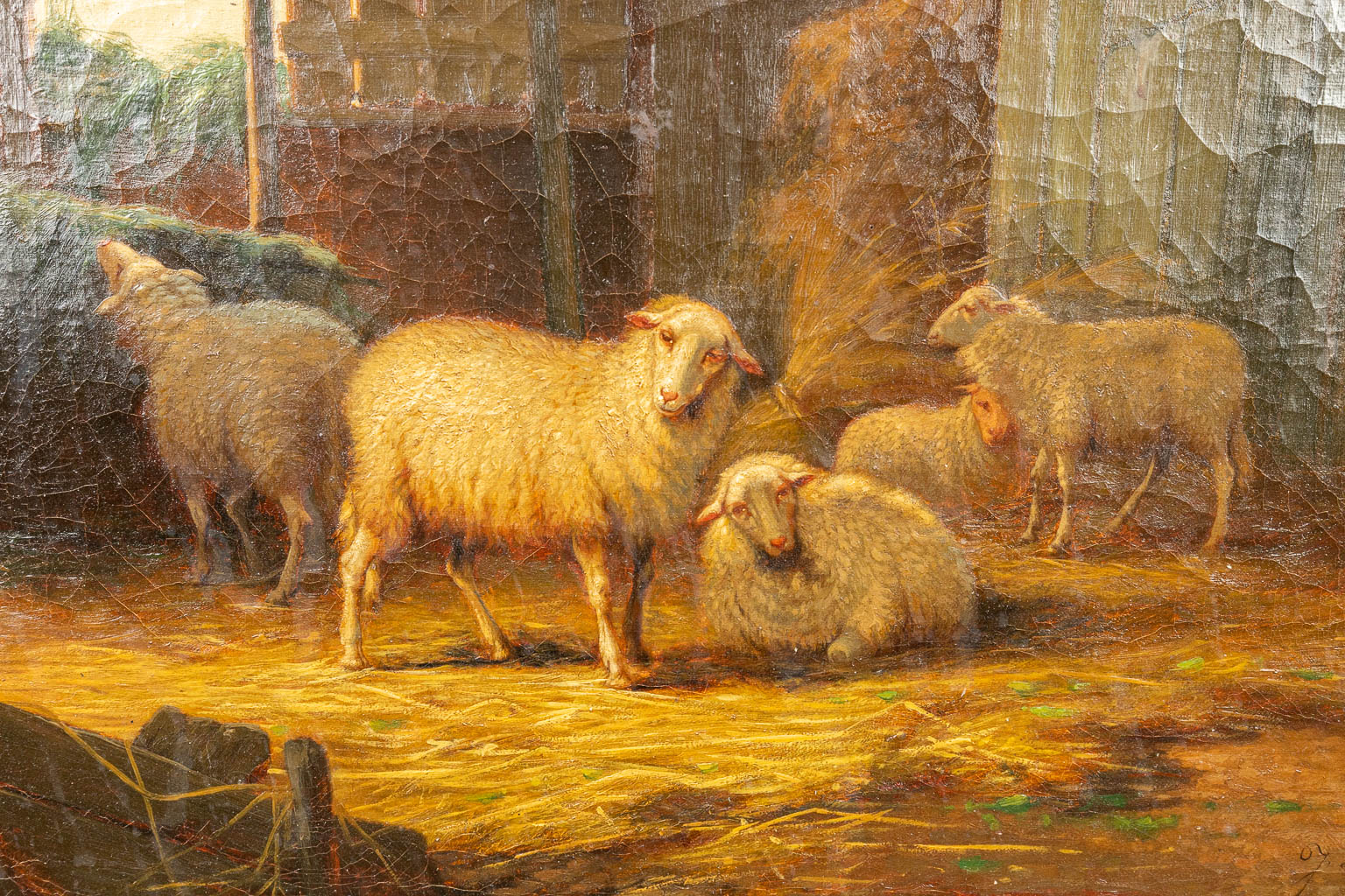 Jef Louis VAN LEEMPUTTEN (1865-1948) 'Sheep in the barn' a painting, oil on canvas. (50 x 40 cm)