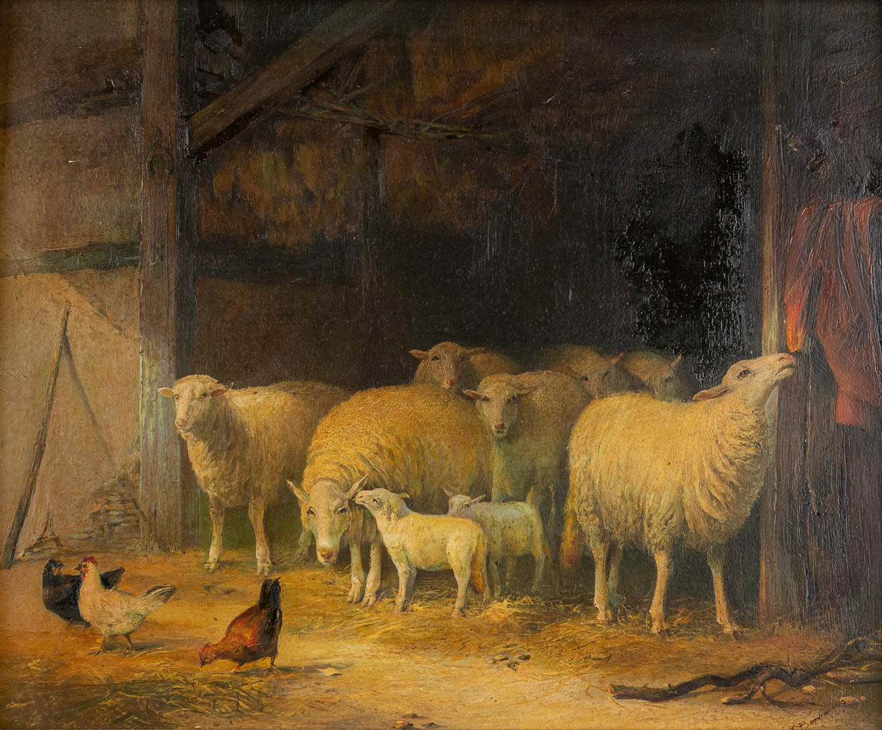 Interior of a barn with sheep, oil on panel. 19th C. Signed 'Boschmans' (W:30 x H:24,5 cm)