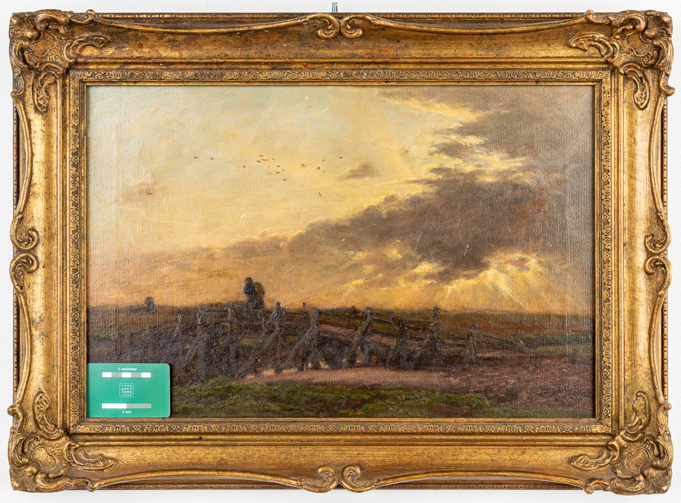 Jacob Henricus MARIS (1837-1899)(attr.) een landschap met figuur bij ondergaande zon, olie op doek. (54 x 36 cm)