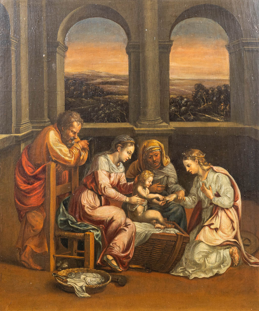 Geen handtekening gevonden 'Een bijbelse scène', een schilderij, olie op paneel. (49 x 59 cm)