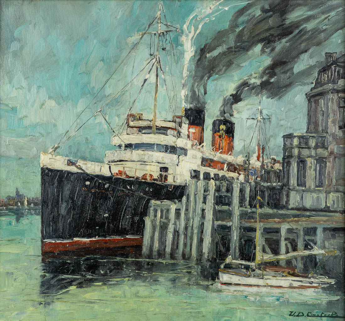 Auguste VANDECASTEELE (1889-1969) 'Schip in de haven' olie op doek. (W:65 x H:60 cm)