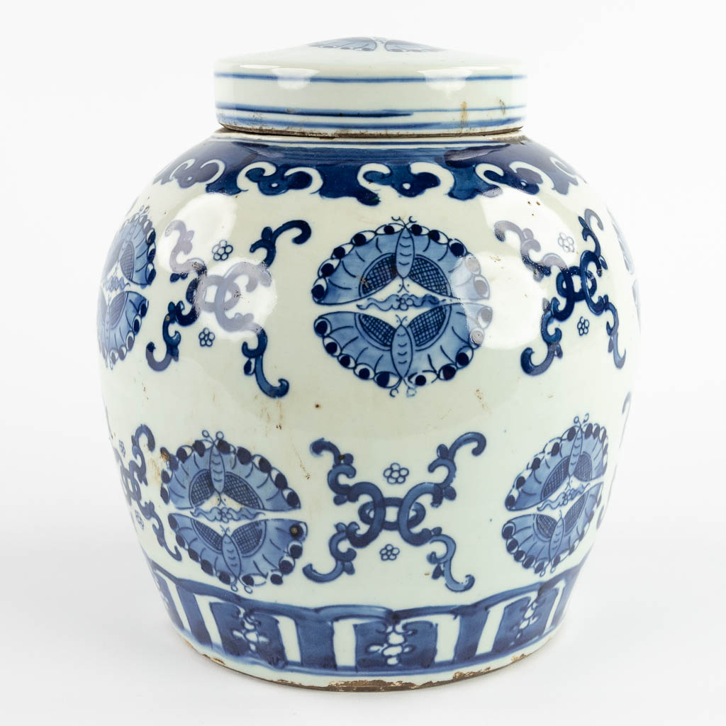 A large Chinese ginger jar, blue-white decor of butterflies. 18th/19th C. (H:26 x D:23 cm)