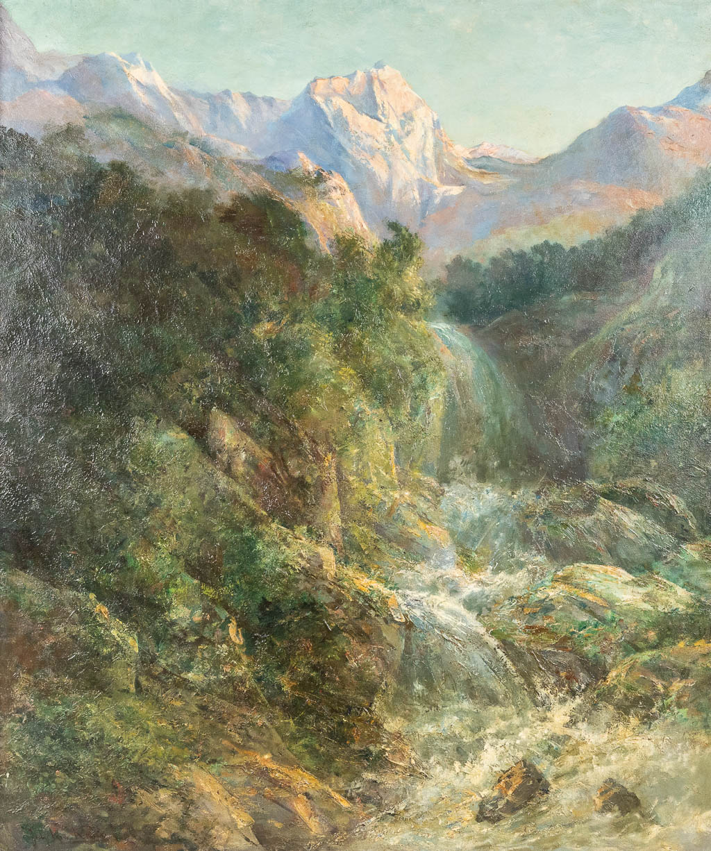 Jan TEN KATE (1850-1929) 'Waterval in de bergvallei' olie op doek. (W:120 x H:145 cm)