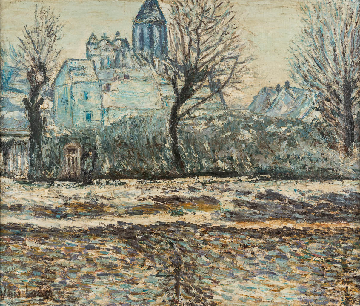 Jean VAN LEDA (1926) 'Winter in het dorp' olie op paneel. (W:58,5 x H:50 cm)