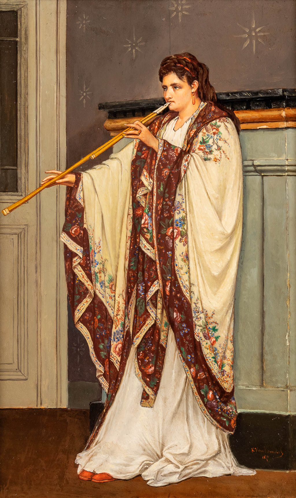 Karel VAN KEMMEL (1834-1885) 'Lady with a flute' oil on panel. 1870 (W:39 x H:59 cm)