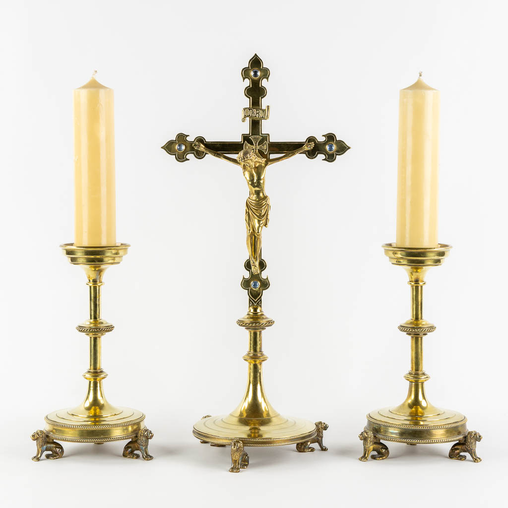  An altar crucifix and matching candelabra, Brass, Gothic revival, probably made by Bourdon, Ghent.