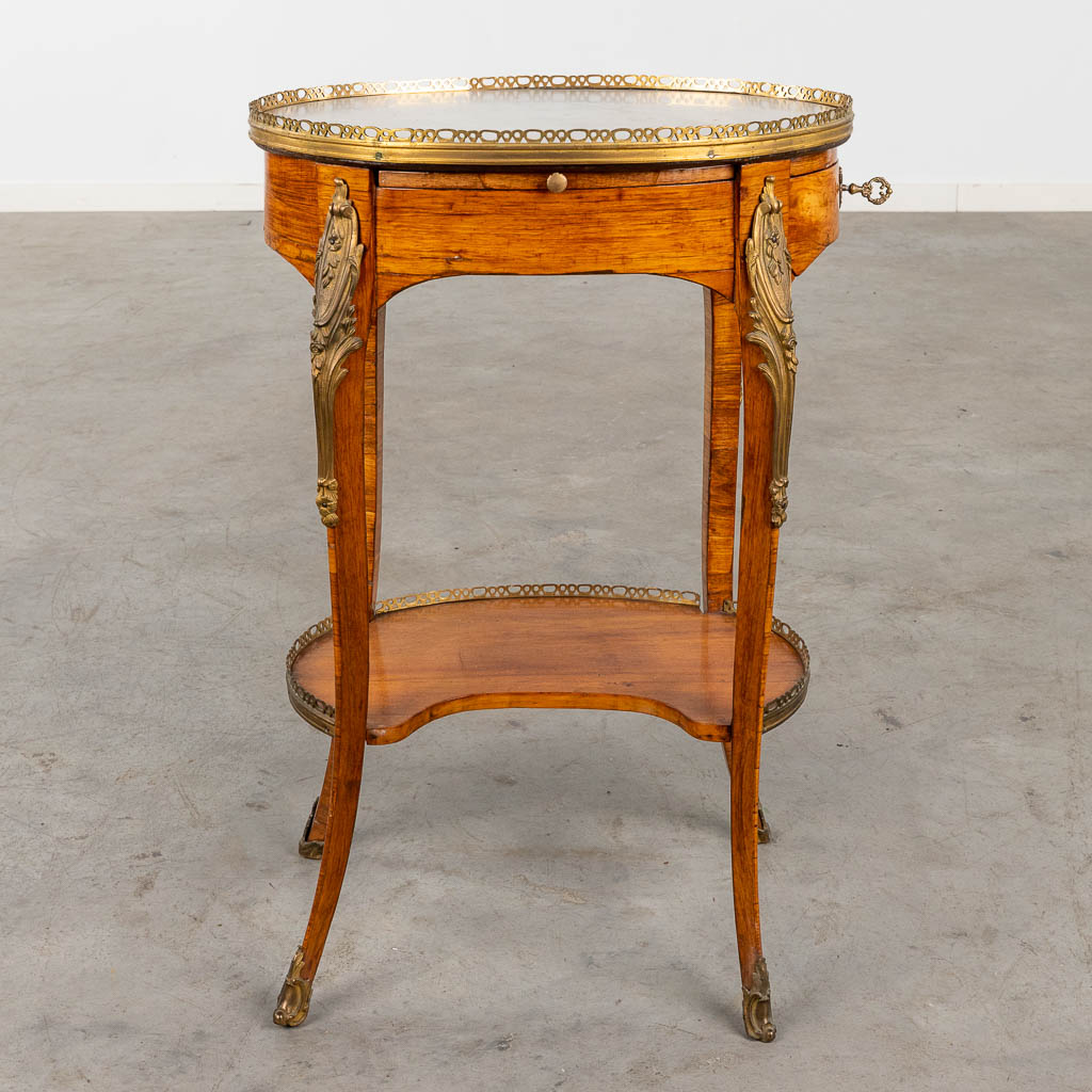 An antique side table, Louis XV, marquetry mounted with bronze and marble, 18th C. (D:38 x W:50 x H:73 cm)