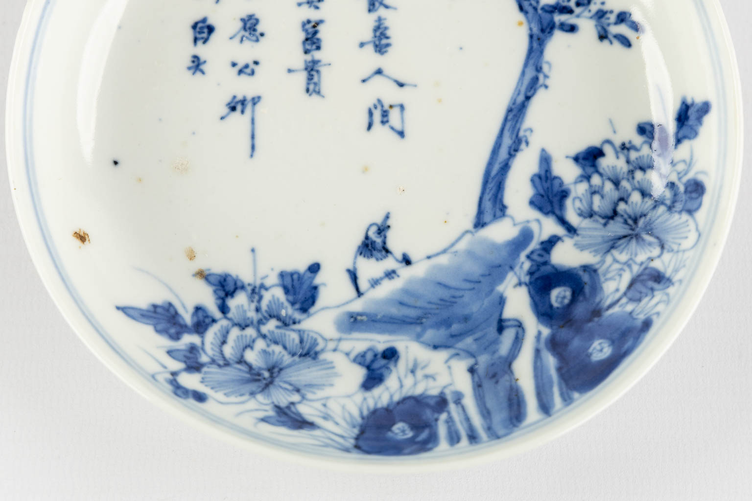 A Chinese plate, blue-white decor of fauna and flora. Kangxi mark. (H:3 x D:13,5 cm)