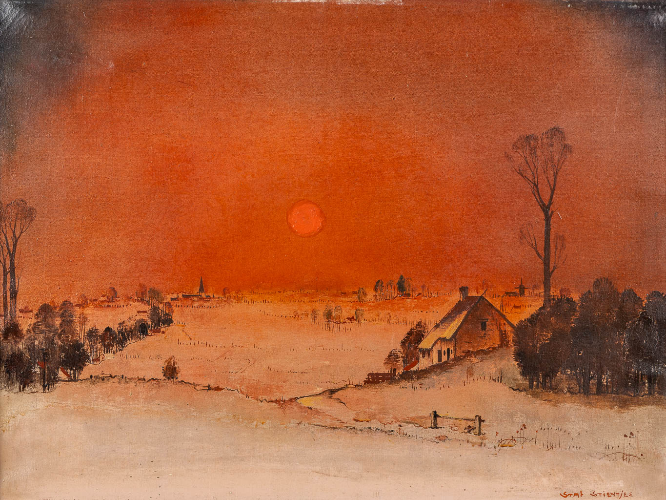 Staf STIENTJES (1883-1974) 'Landscape at dusk' oil on canvas. (W:61 x H:45 cm)