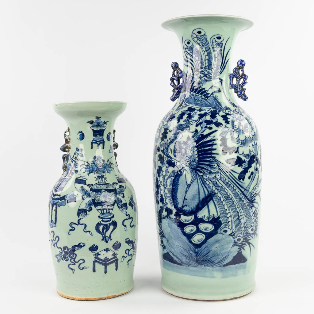 Two Chinese vases, celadon with a blue-white decor. 19th/20th C. (H:59 x D:24 cm)