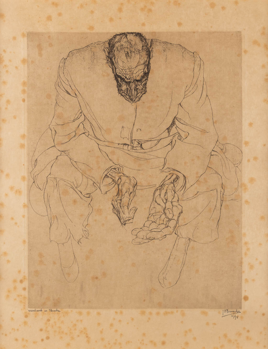 Jules DE BRUYCKER (1870-1945) 'Mendiant en Flandre' een ets. (W:28 x H:36 cm)