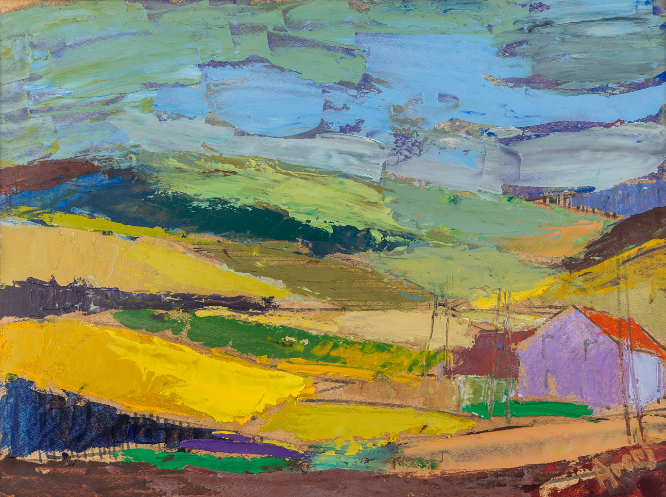 Robert ARENS (1905-1998) 'Expressionistisch landschap' olie op papier. (W:34,5 x H:25,5 cm)