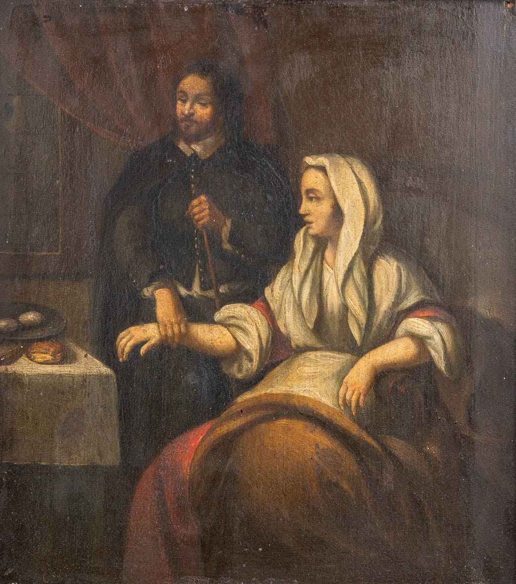 'Doktersbezoek' een antiek schilderij, olie op paneel. 19de eeuw. (W:25 x H:29 cm)