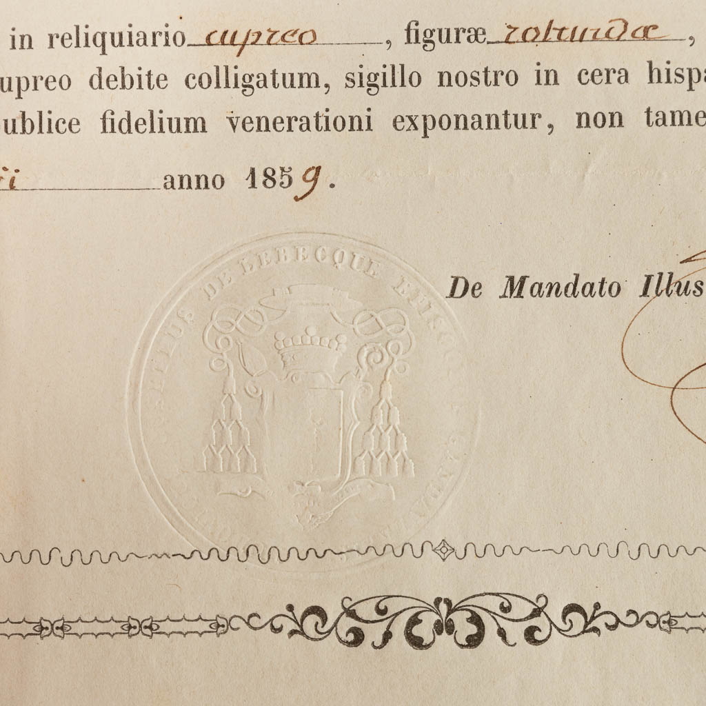 A sealed theca with a relic: Ex Ossibus Sanctea Agnetis Virginis Martyris