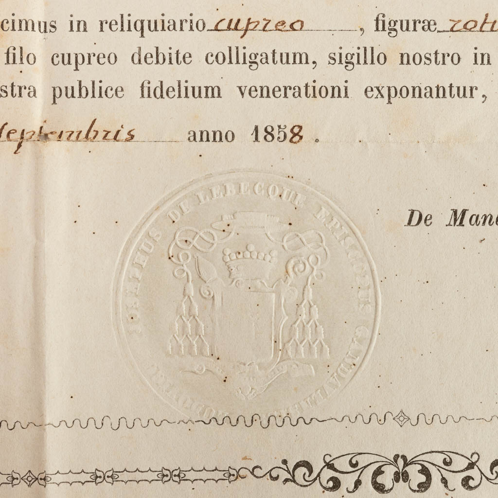 A sealed theca with a relic: Ex Ossibus Sancta Christina Verginis