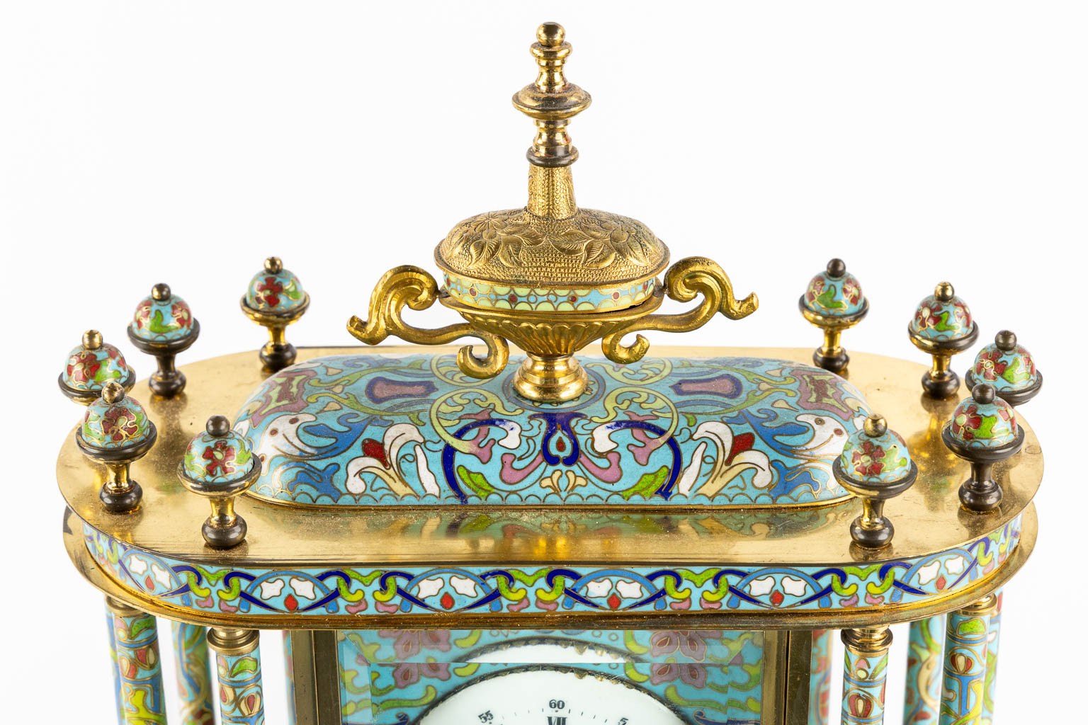 A decorative table clock, finished with cloisonné enamel. (L:15 x W:32 x H:46 cm)
