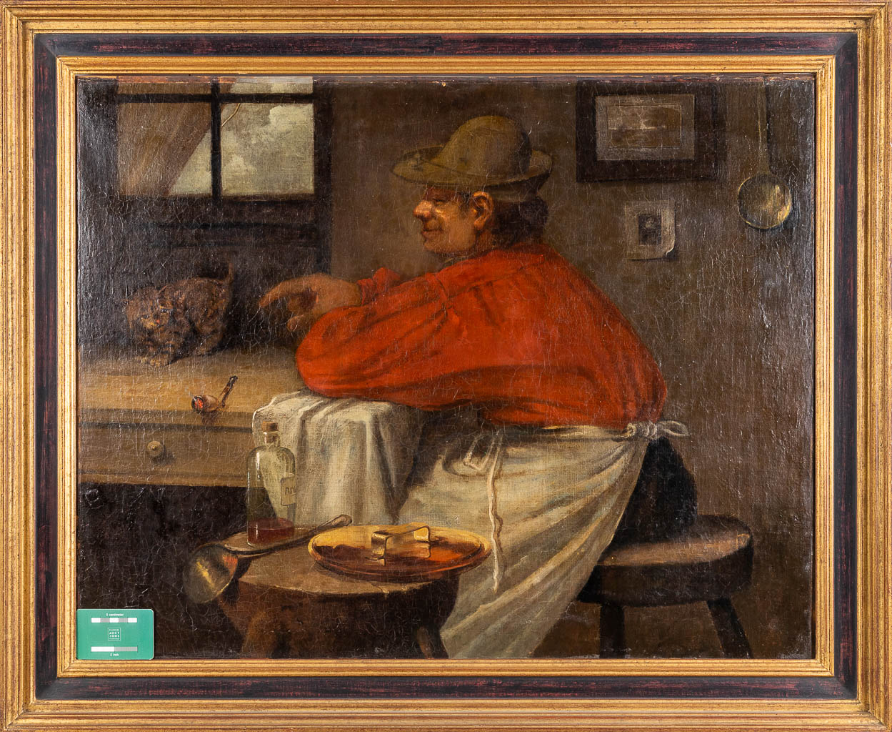 Farmer with a cat, a painting, oil on canvas. No signature found. 19th C. (W: 81 x H: 65 cm)