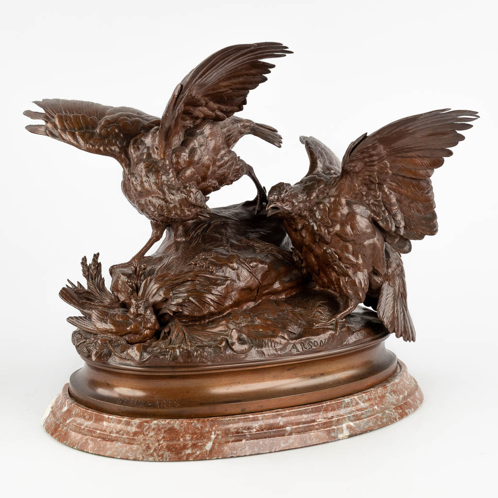 Alphonse ARSON (1822-1895) 'Patrijzen' gepatineerd brons. (D:25 x W:40 x H:36 cm)
