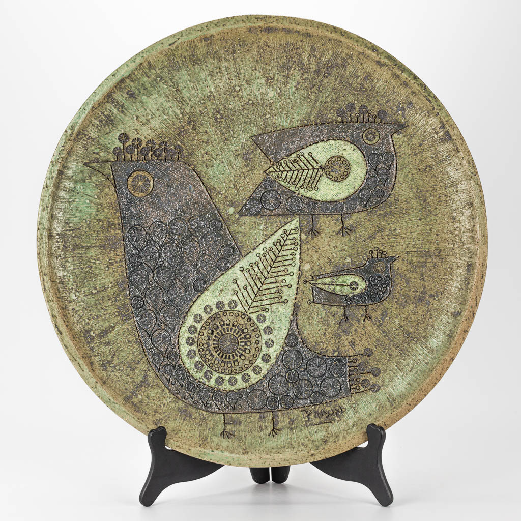Charles Emile PINSON (1906-1963) een keramisch bord gedecoreerd met vogels. Periode 1960. 