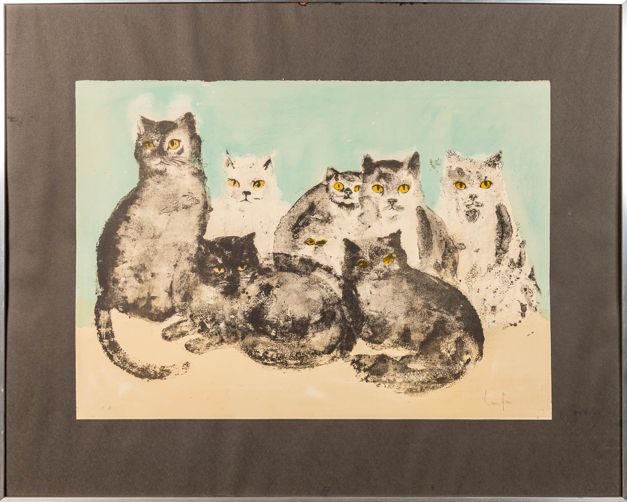Leonor FINI (1907-1996) Een gekleurde litho van 7 katten, gemerkt Epreuve D