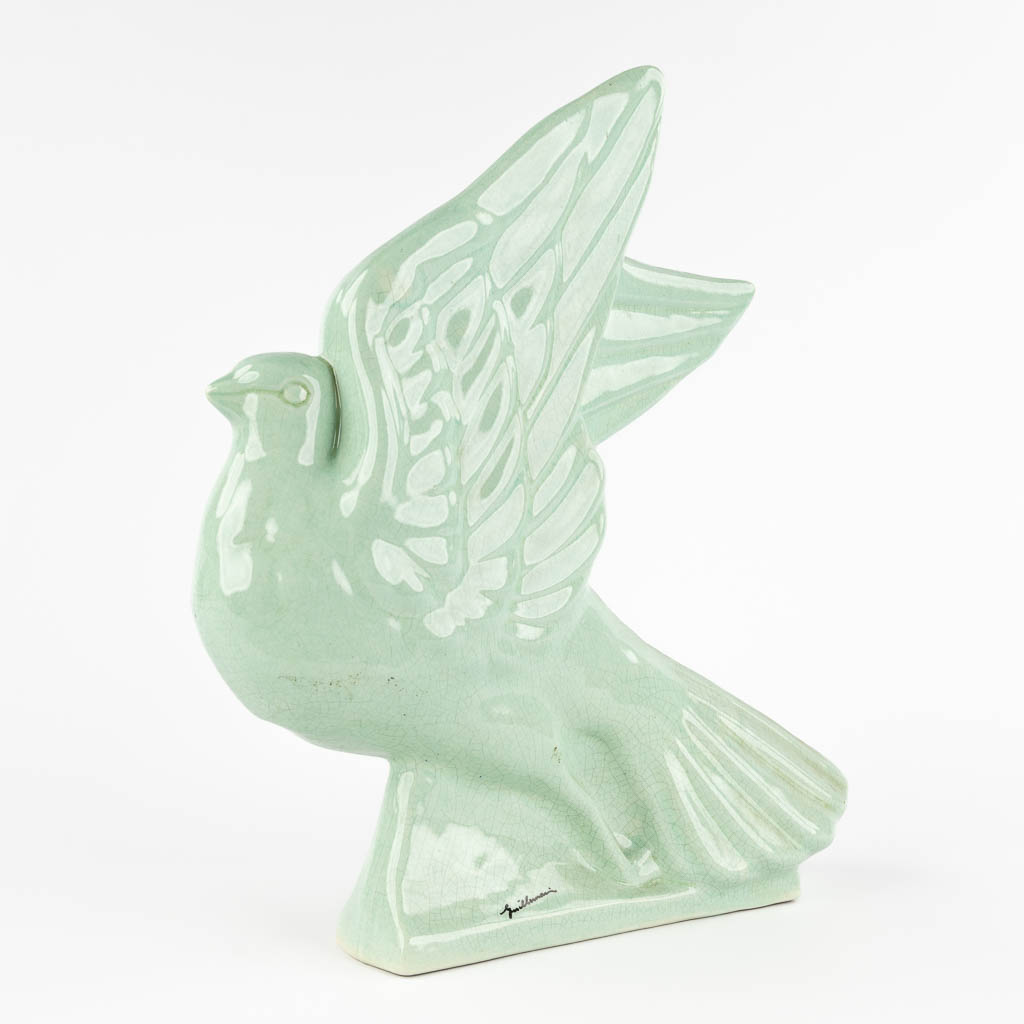 Guillemain (XX) 'Bird' an art deco figurine, cracquelé faience. (D:11 x W:30 x H:36 cm)