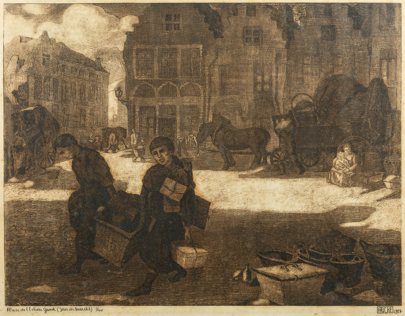 François PYCKE (1890-1960) 'Place de L'Ecluse à Gand, Jour de marché', an etching. 1/100. 1917. (70 x 57 cm)