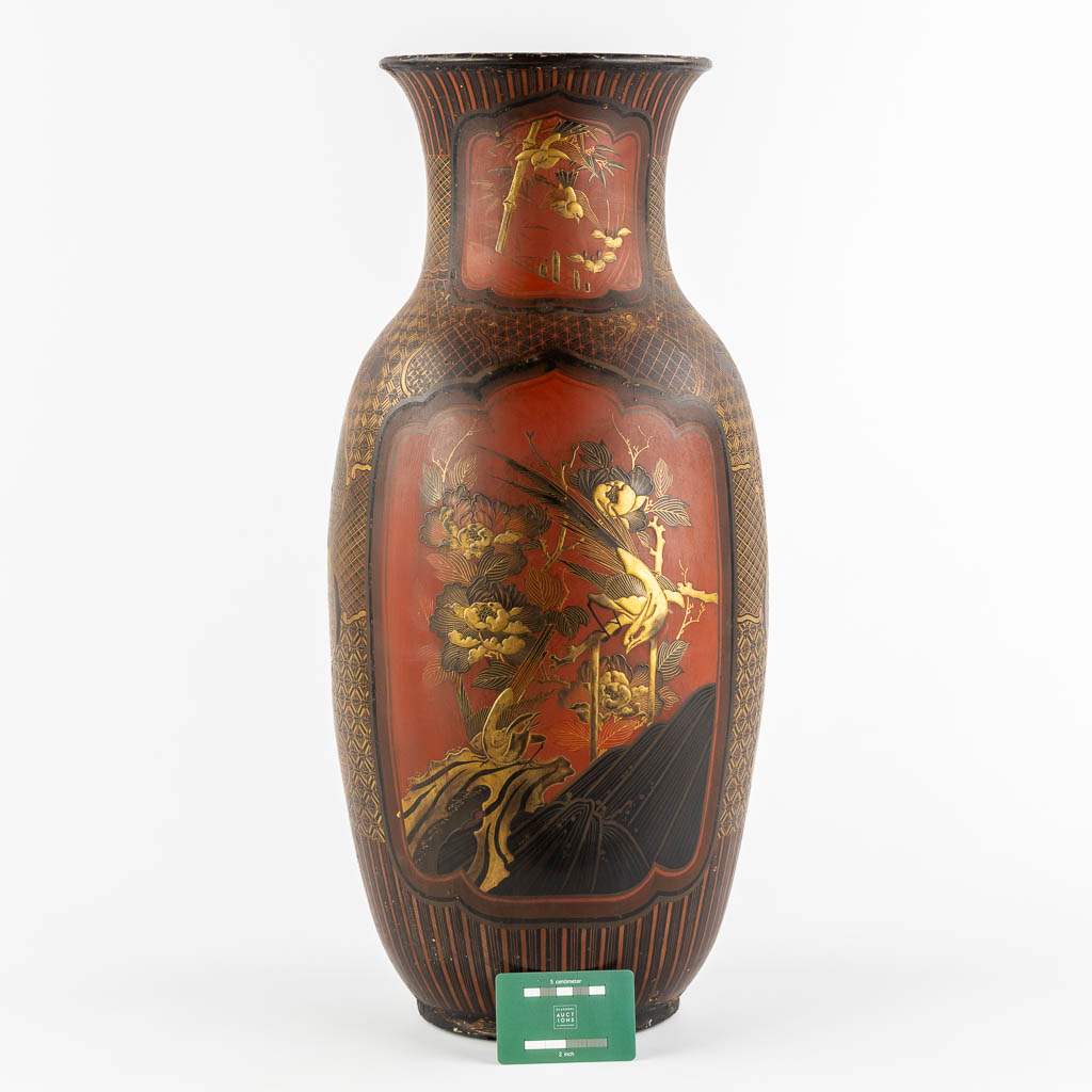A Japanese porcelain vase, finished with red and gold lacquer. Meij period. (H:61 x D:27 cm)
