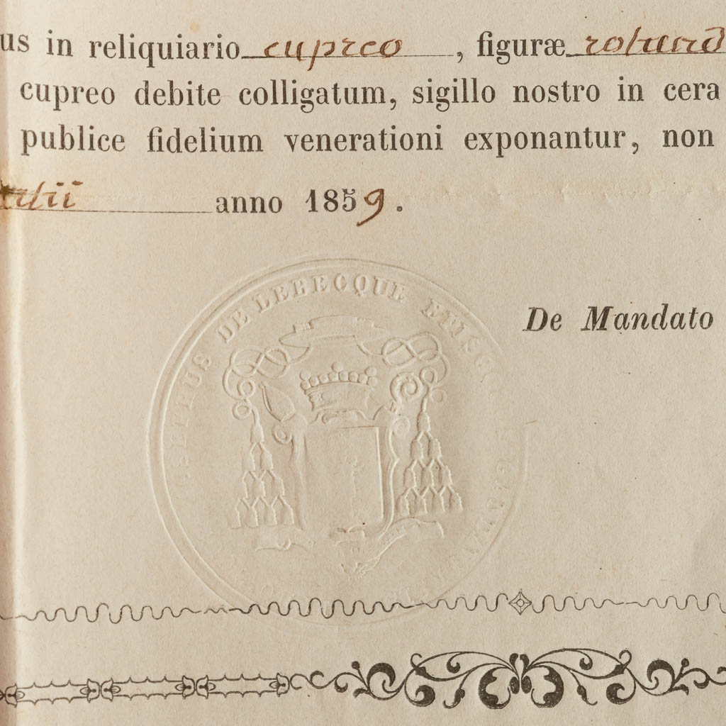 Een verzegelde theca met relikwie: Ex Ossibus Sancti Gulielmi Confessoris