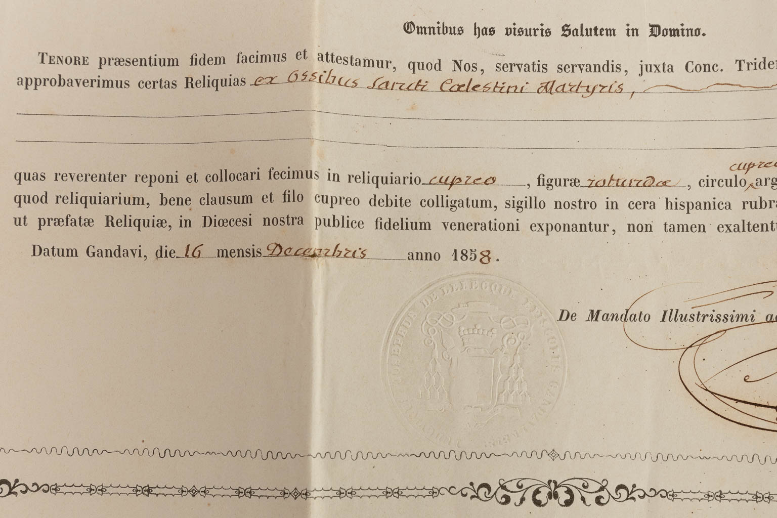 Een verzegelde Theca met relikwie: Ex Ossibus Sancti Caelestini Martyris