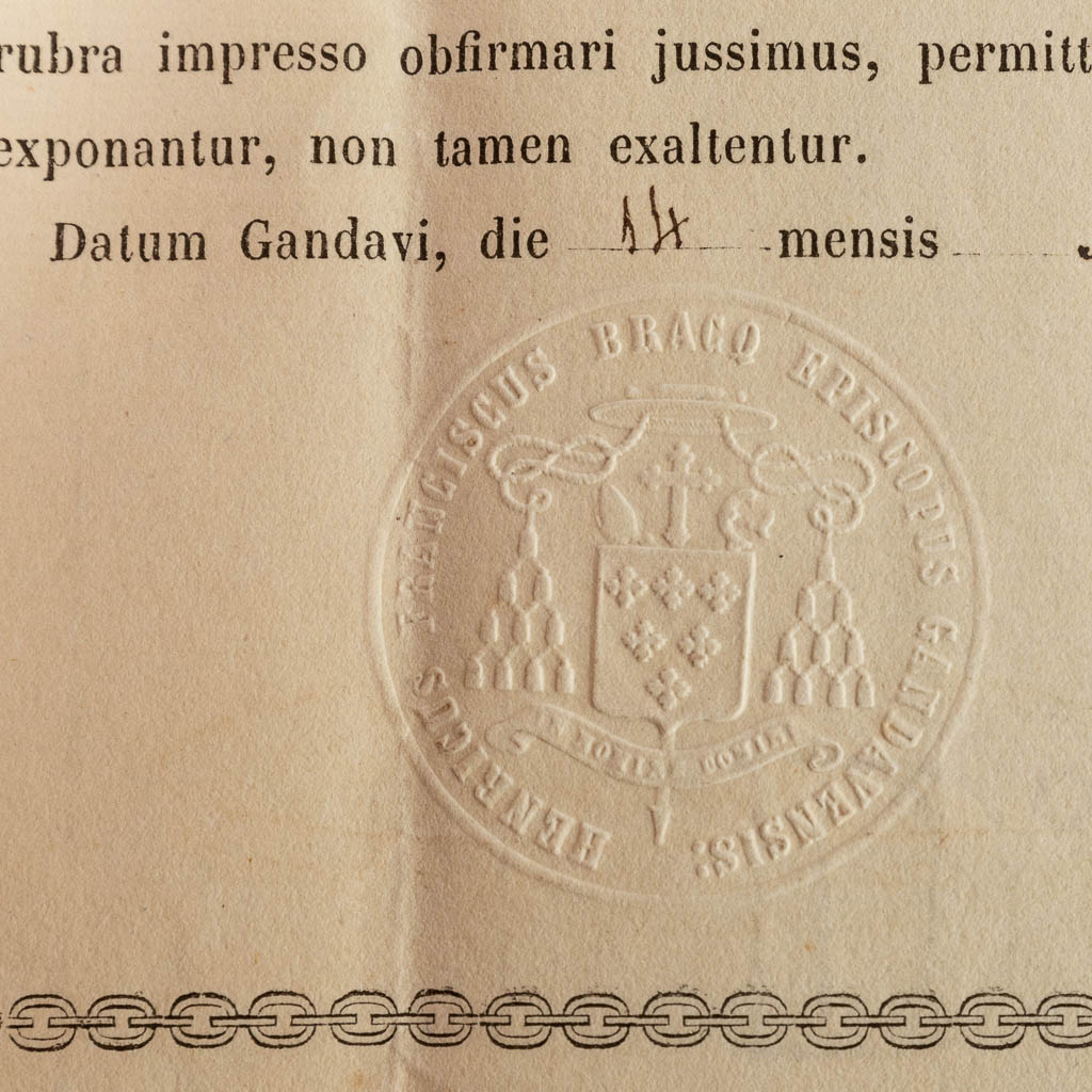 A sealed theca with a relic: Ex Ossibus Sancti Damasi P.C.
