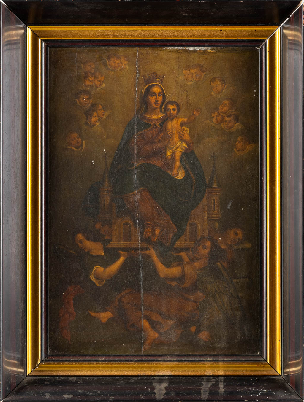 Madonna with a Child, seated on a castle supported by Angels, oil on panel. 18th C. (W:32 x H:45,5 cm)