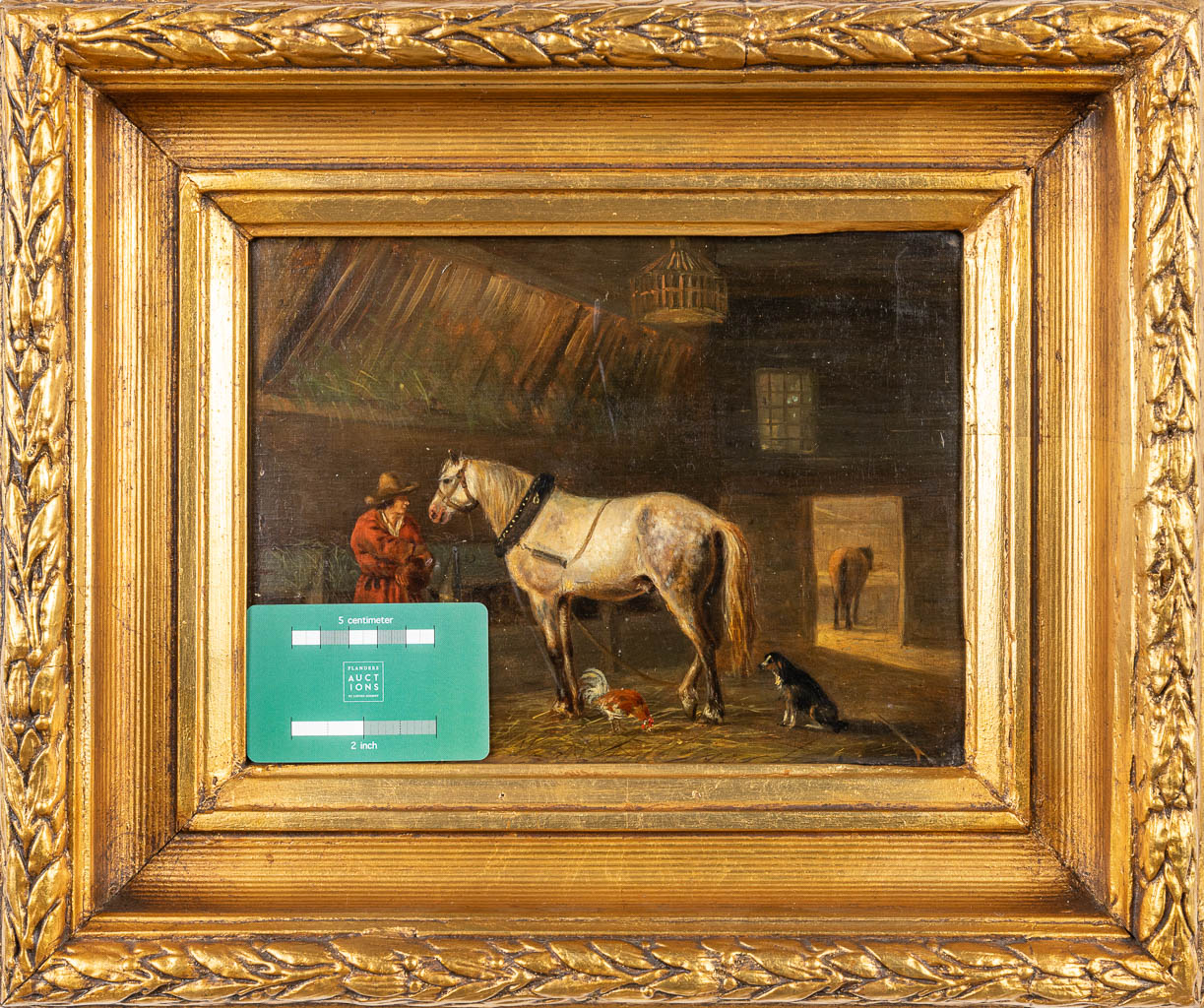 Wouterus I VERSCHUUR (1812-1874) Een schilderij 'Paard in de stalling', olie op paneel. 19de eeuw. (25 x 18 cm)